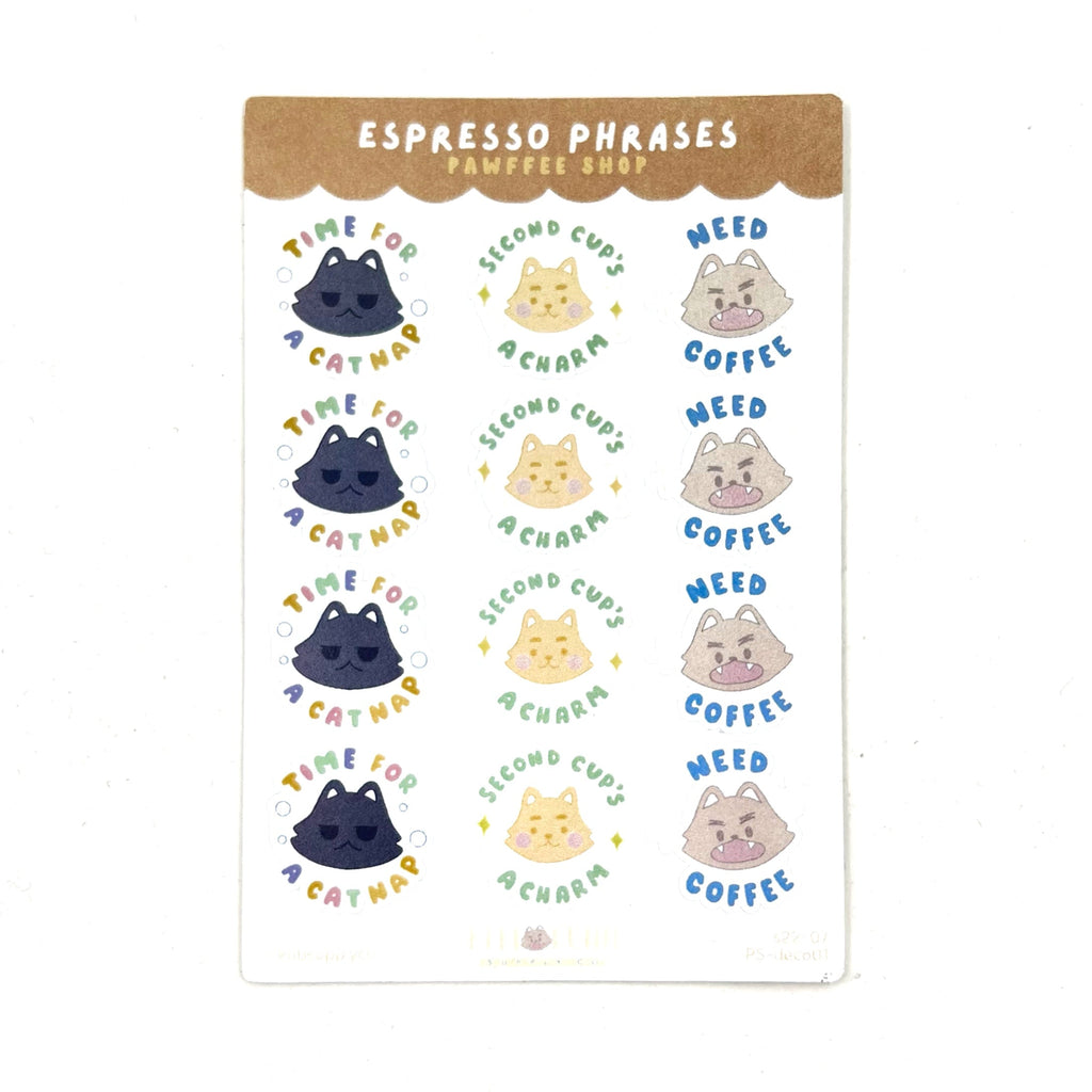 Espresso Cat Phrases Sticker Sheet